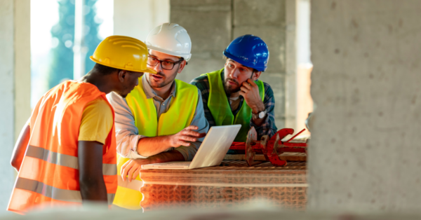 Contractors looking at computer image