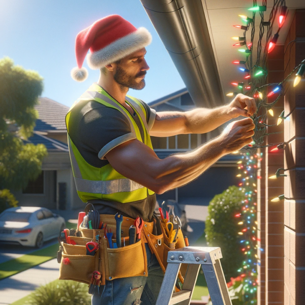 Man putting up Christmas lights image