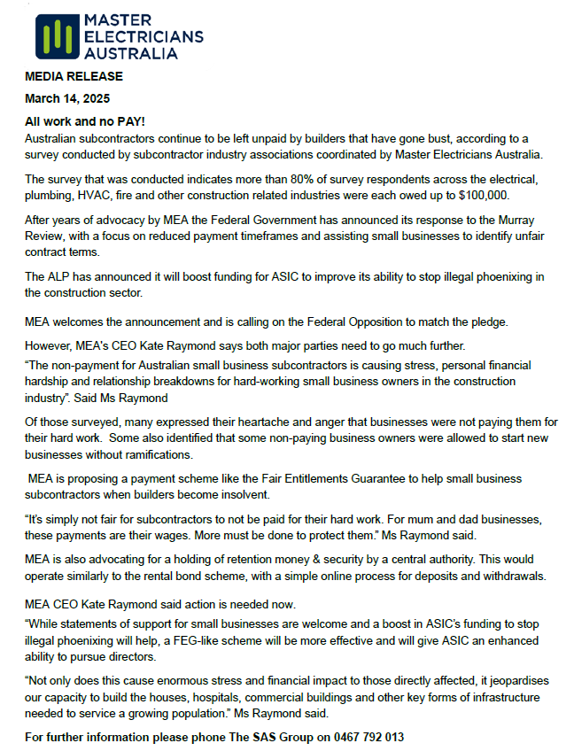 MEA - MEDIA RELEASE - All Work No Play